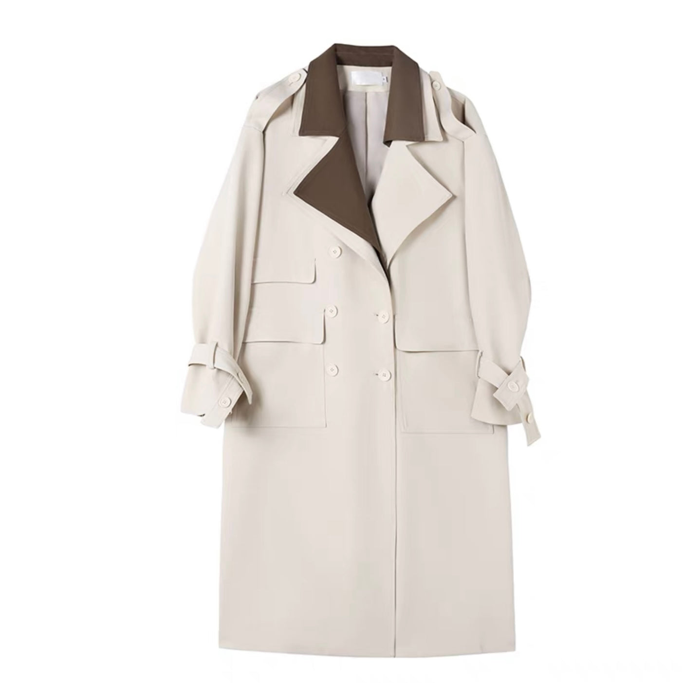 Beige double breasted trench coat